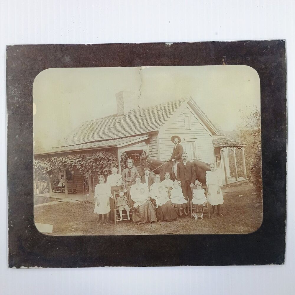 Family Portrait Farmhouse Silver Gelatin Print Horse Cat Rustic Vernacular Glass